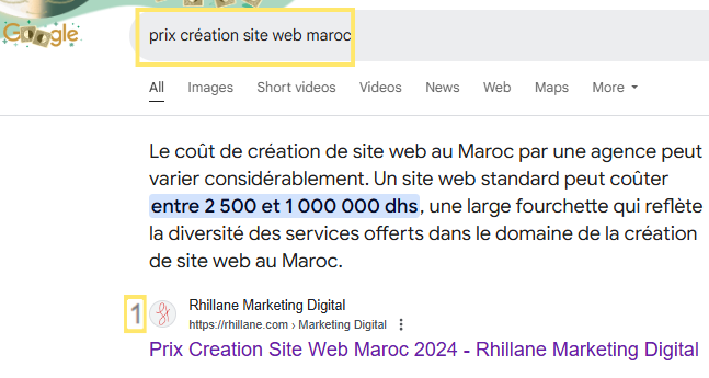 Capture d’écran des résultats Google pour la recherche 'prix création site web Maroc'. Le site 'Rhillane Marketing Digital' apparaît en première position. Un extrait de texte indique que le coût d’un site web au Maroc varie entre 2 500 et 1 000 000 Dhs