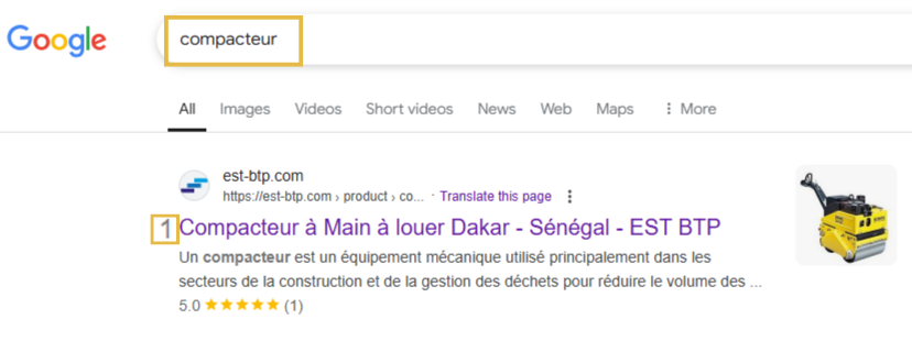 Capture d’écran des résultats Google pour la recherche 'compacteur'. Un site client spécialisé en BTP est positionné en première place, démontrant la capacité de l’agence à classer ses clients même dans des secteurs industriels spécifiques