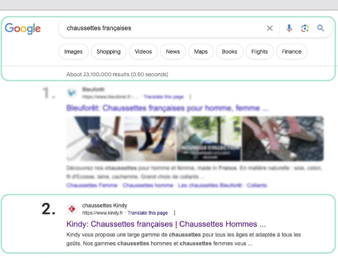 Résultat SEO Google : Kindy en première page pour le mot-clé chaussettes françaises grâce à la stratégie de référencement Rhillane
