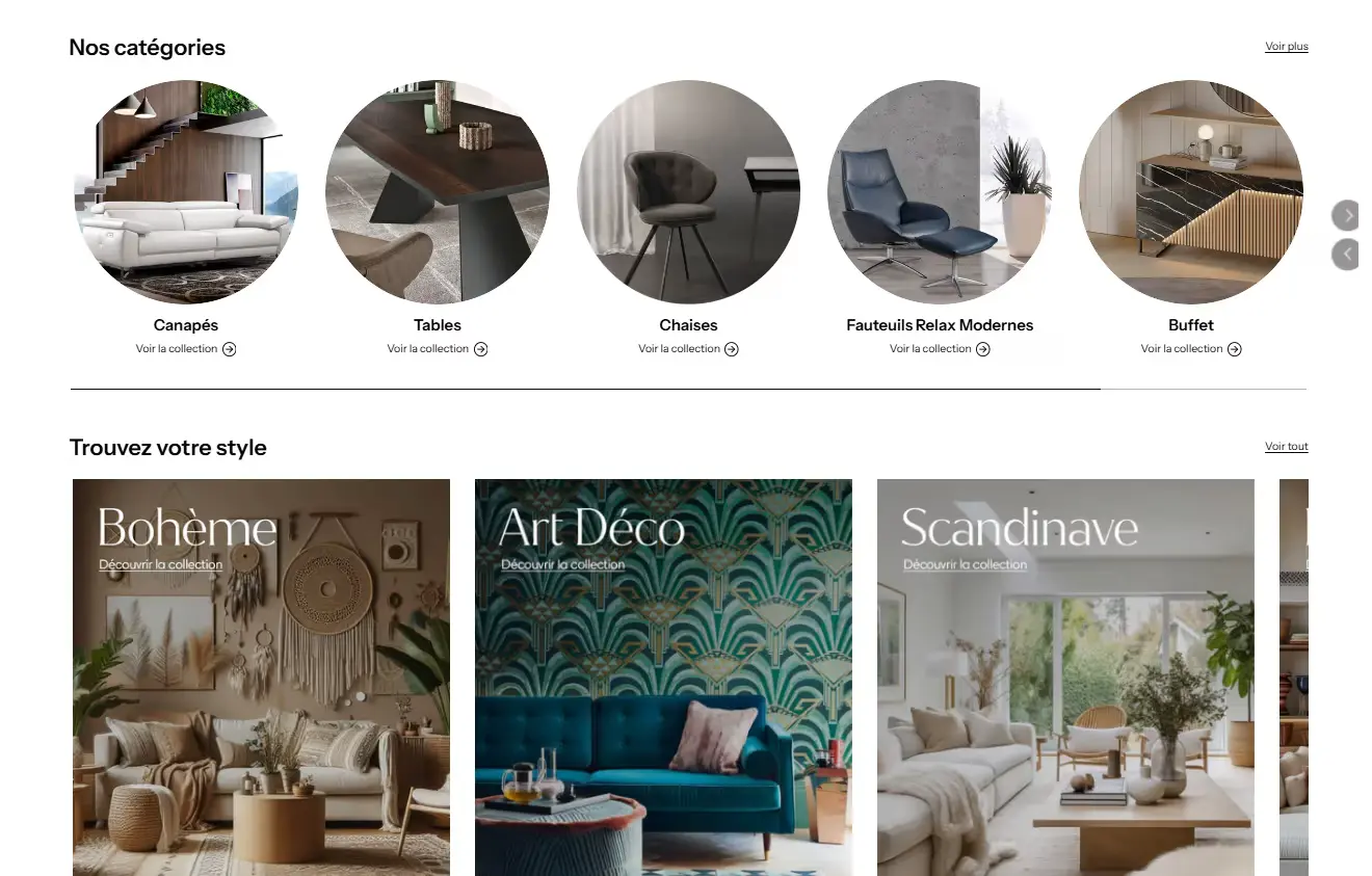 Écran du site e-commerce avec catégories