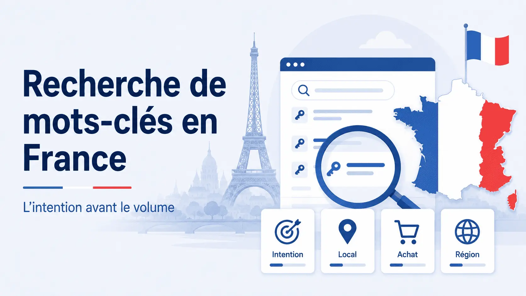 navigateur avec barre de recherche et icônes de clés, loupe grossissante, carte de France tricolore, quatre cartes Intention, Local, Achat et Région, Tour Eiffel en arrière-plan