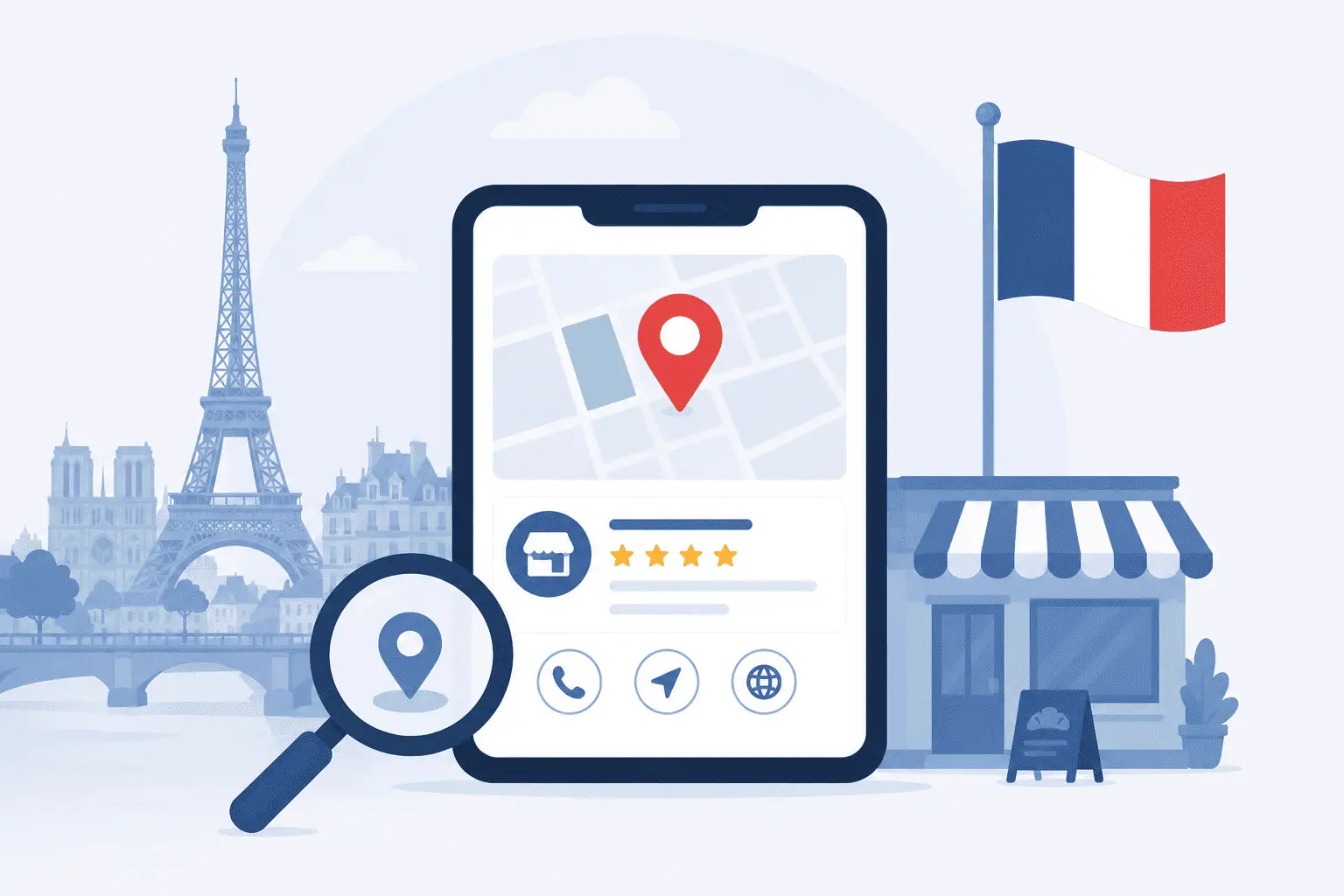 Illustration SEO local en France : smartphone affichant une carte avec épingle de localisation rouge, fiche établissement avec étoiles et boutons contact, loupe avec épingle, devanture de commerce, Tour Eiffel et drapeau français