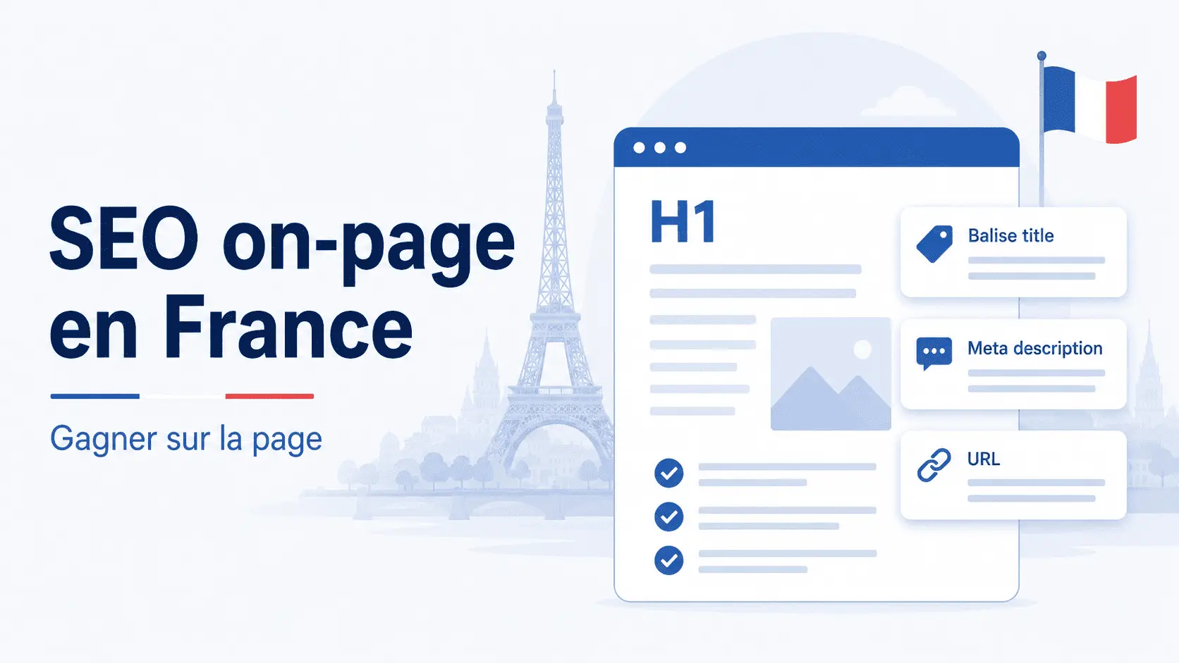 Illustration SEO on-page en France : navigateur affichant une page web avec balise H1, contenu structuré, et trois étiquettes Balise title, Meta description et URL, avec coches de validation, Tour Eiffel en arrière-plan