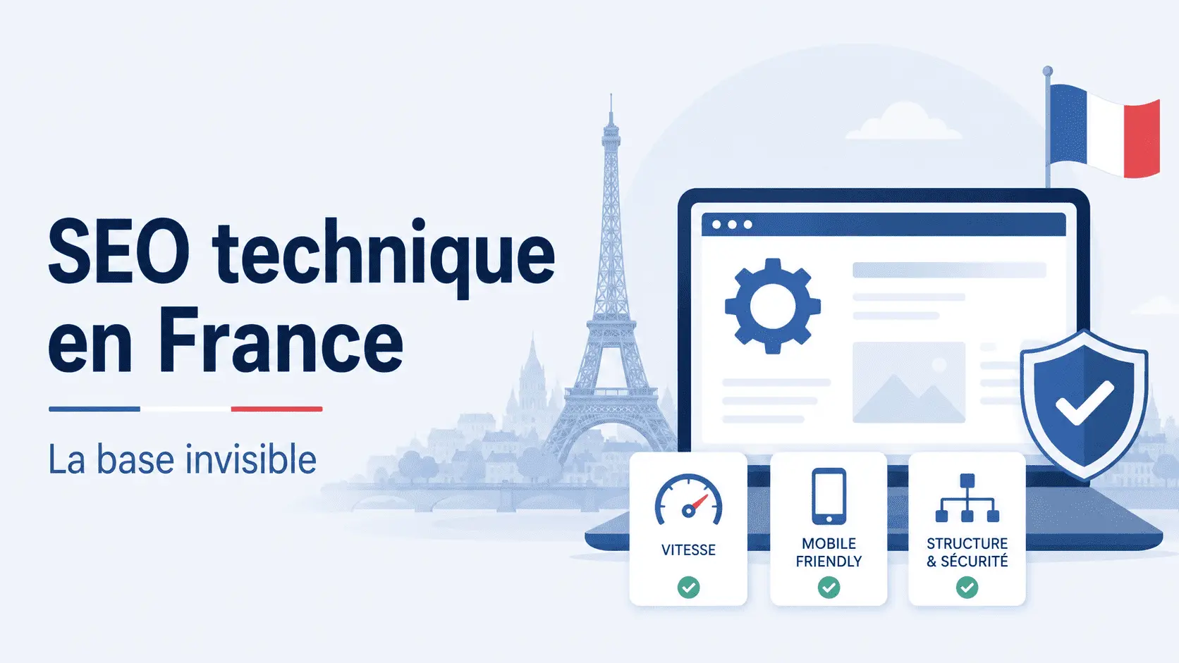 Illustration SEO technique en France : écran d'ordinateur avec icône engrenage, bouclier de sécurité et trois cartes Vitesse, Mobile Friendly et Structure & Sécurité, avec la Tour Eiffel en arrière-plan et le drapeau français