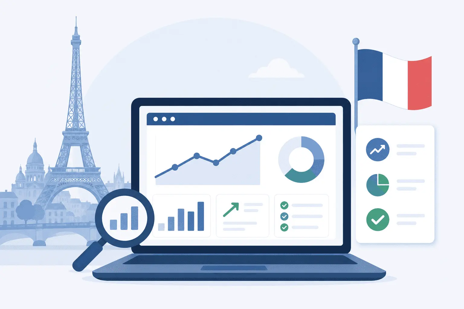 Illustration SEO technique en France : écran d'ordinateur avec icône engrenage, bouclier de sécurité et trois cartes Vitesse, Mobile Friendly et Structure & Sécurité, avec la Tour Eiffel en arrière-plan et le drapeau français