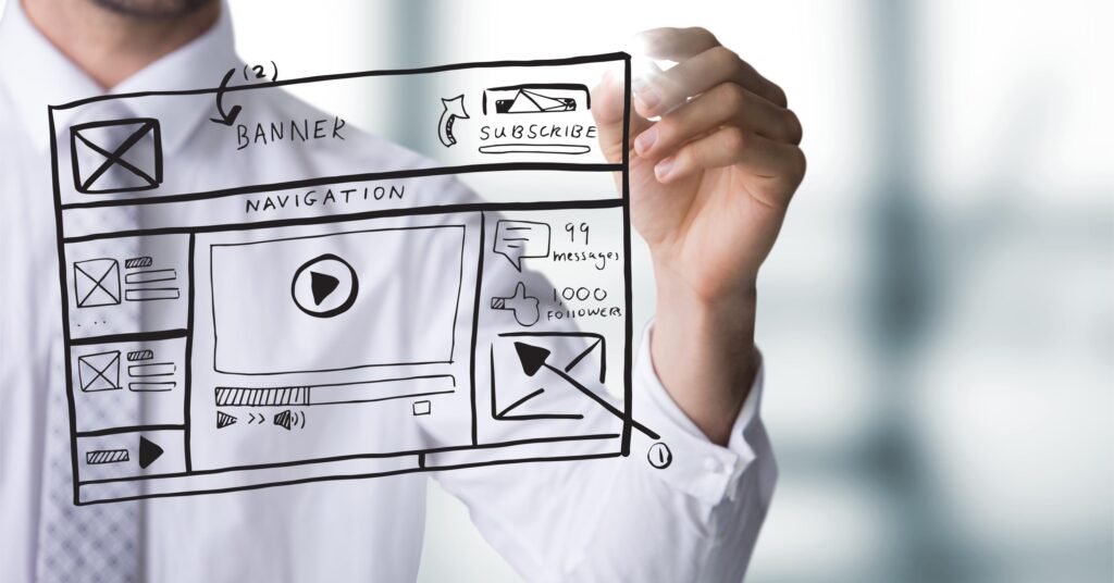 business man mid section with marker website mock up with flare blurry grey office 1