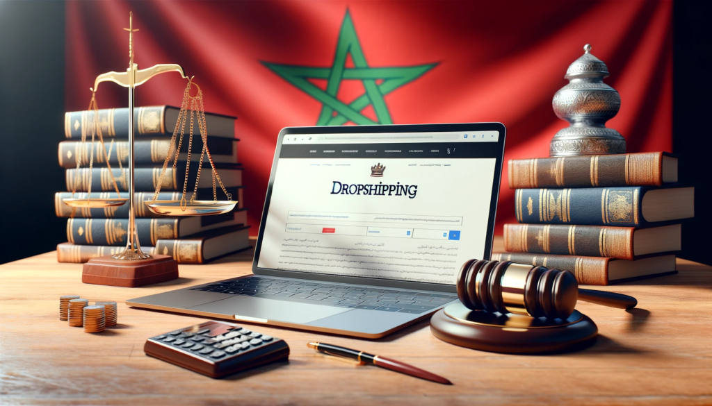 aspect légal du dropshipping Maroc avec drapeau, balance de justice, ordinateur et maillet