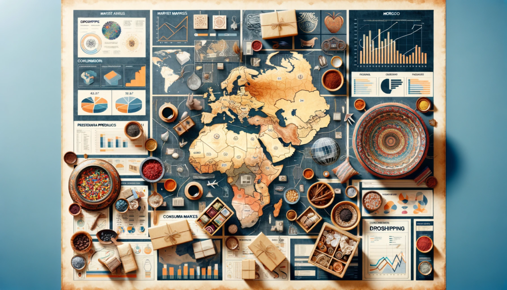 l'analyse de marché pour le dropshipping Maroc, avec une carte du pays, des graphiques et des produits locaux.