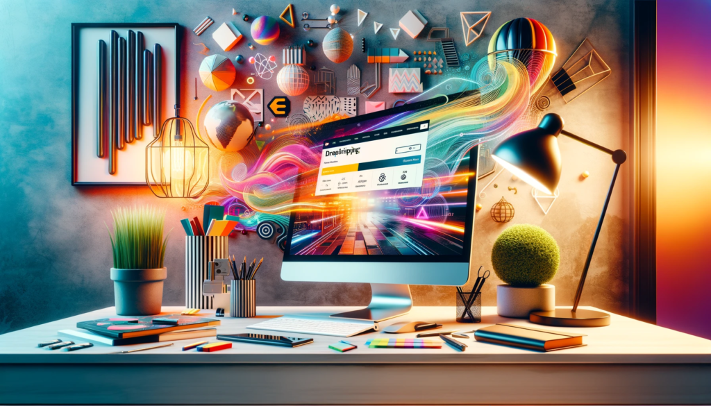 un bureau moderne pour une entreprise de dropshipping Maroc, avec un ordinateur affichant une boutique en ligne et divers accessoires de design.