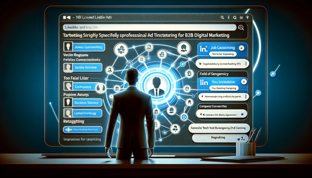 LinkedIn Ads vs Facebook Ads. les fonctionnalités de ciblage professionnel de LinkedIn Ads pour le marketing digital B2B, mettant en scène un marketeur sélectionnant des critères spécifiques pour le ciblage publicitaire sur la plateforme LinkedIn.