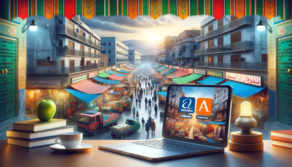  les principaux fournisseurs pour le dropshipping Maroc, tels qu'Alibaba et AliExpress, avec un marché marocain en arrière-plan.