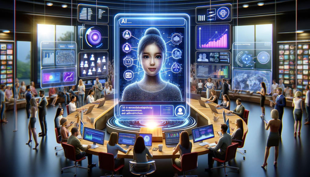 Intelligence artificielle : Guide pratique pour le futur du marketing 5 futur du marketing le rôle de l'intelligence artificielle dans la création de publicités personnalisées. Elle montre un cadre de marketing digital avancé où des professionnels utilisent des outils pilotés par l'IA pour analyser les données des utilisateurs et élaborer des campagnes publicitaires sur mesure. Un grand écran affiche un profil utilisateur avec des points de données indiquant ses intérêts, besoins et préférences, mettant en évidence comment l'IA permet une compréhension approfondie de chaque utilisateur pour des publicités hautement personnalisées et efficaces.