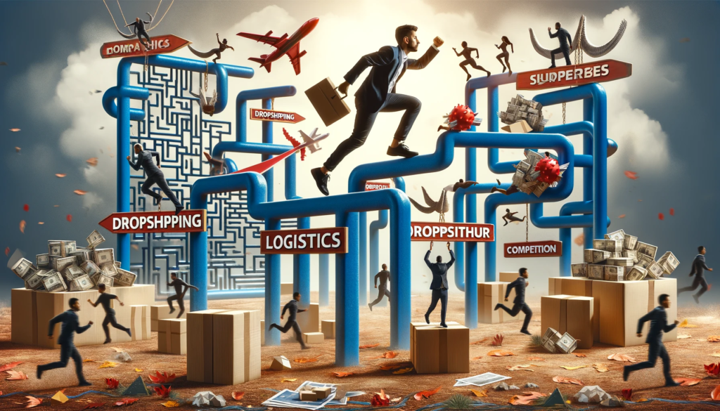  les défis du dropshipping Maroc, avec un entrepreneur sur un parcours d'obstacles symbolisant la logistique et la concurrence.