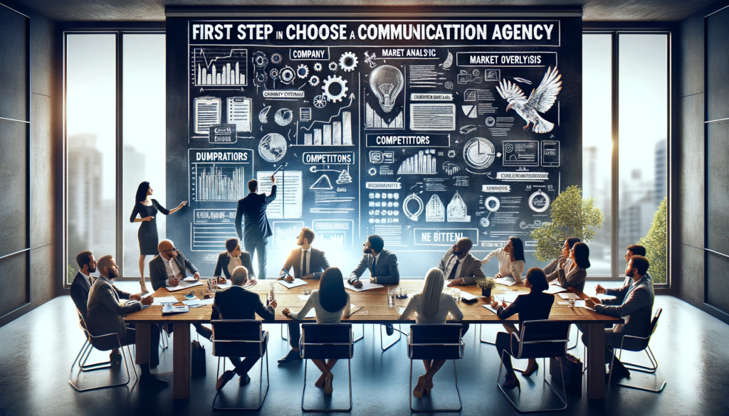 boite de communication : Elle montre une équipe diverse en réunion, travaillant sur un brief détaillé, avec des sections comme 'Présentation de l'Entreprise', 'Analyse du Marché', 'Concurrents', et 'Démographie des Clients'