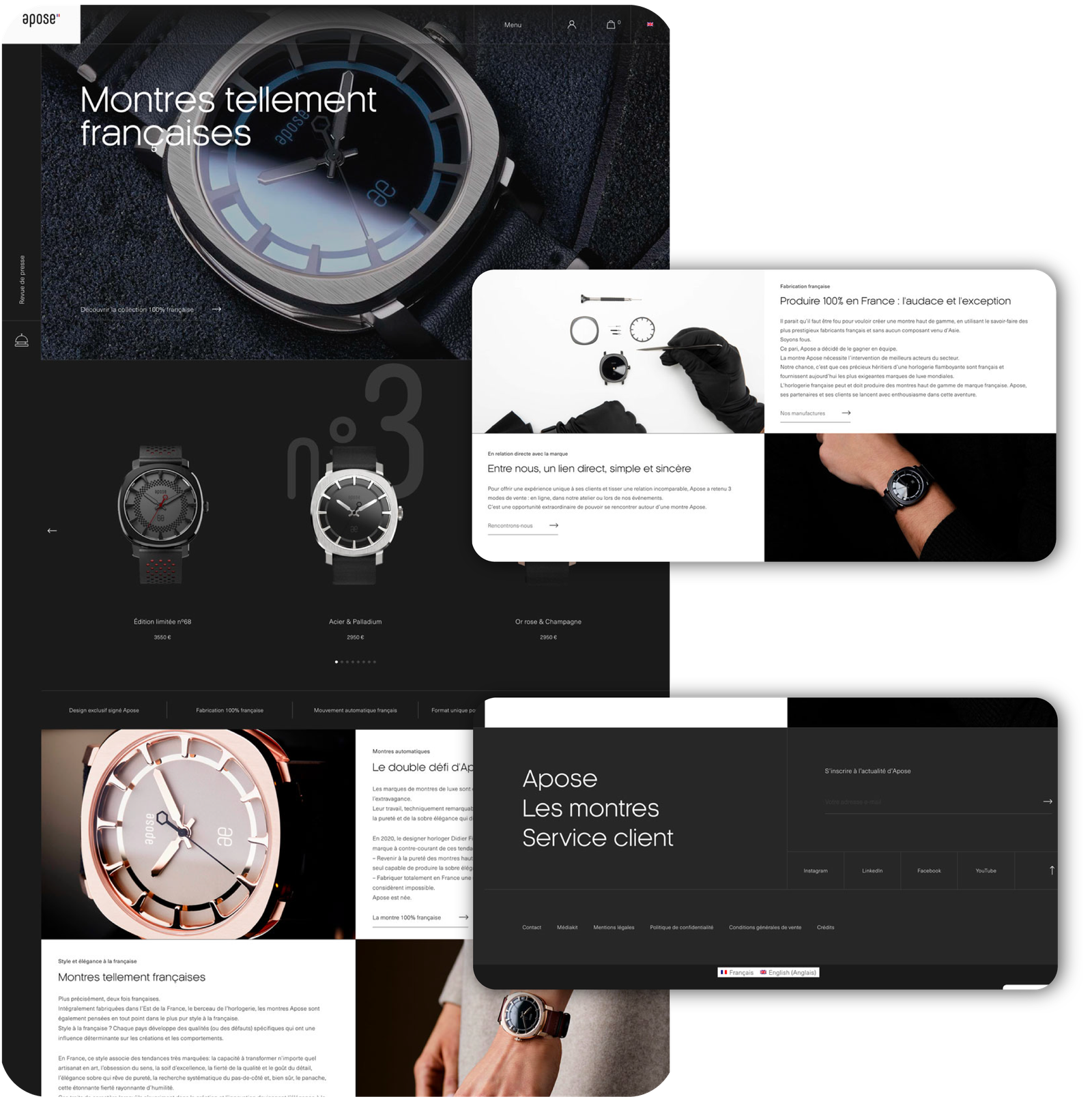 Création de sites internet pour une marque de montres françaises, design moderne et présentation produit élégante.