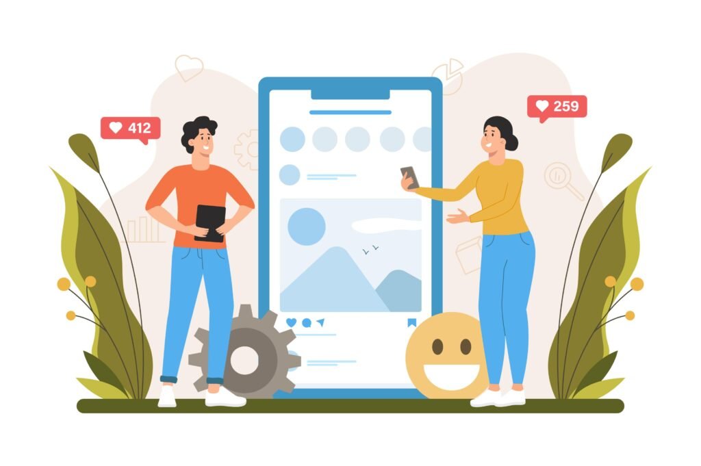 Deux personnes devant un grand écran de smartphone, symbolisant une publication sur les réseaux sociaux.