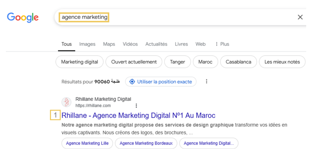 Capture d’écran des résultats Google pour la requête "Agence Marketing" montrant Rhillane Marketing Digital en première position.