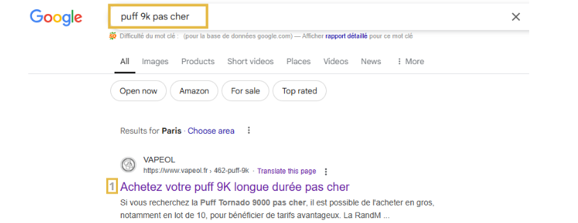Capture d’écran des résultats Google pour la recherche 'puff 9k pas cher'. Un site client se classe en première position sur un marché très concurrentiel, prouvant l'excellence de l’optimisation SEO appliquée par l’agence