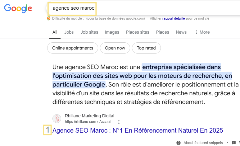 « Capture d’écran des résultats Google pour la recherche ‘agence SEO Maroc’. Le site ‘Rhillane Marketing Digital’ apparaît en première position avec un extrait décrivant l’agence comme une entreprise spécialisée dans l’optimisation des sites web pour les moteurs de recherche, notamment Google. Le titre affiché mentionne ‘Agence SEO Maroc : N°1 En Référencement Naturel En 2025 "Capture d’écran des résultats Google pour la recherche 'agence SEO Maroc'. Le site 'Rhillane Marketing Digital' apparaît en première position avec un extrait décrivant l’agence comme une entreprise spécialisée dans l’optimisation des sites web pour les moteurs de recherche, notamment Google. Le titre affiché mentionne 'Agence SEO Maroc : N°1 En Référencement Naturel En 2025