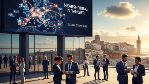 Professionnels en terrasse à Tanger devant un écran affichant “Nearshoring in Tangier – Digital Strategies” avec une carte connectée de l’Europe.
