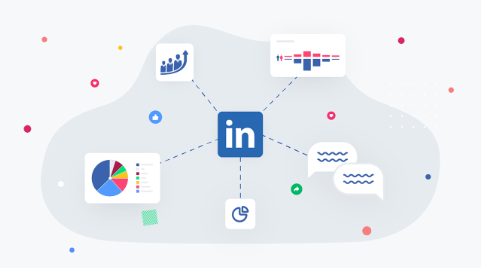 Illustration du logo LinkedIn connecté à des graphiques, statistiques et bulles de conversation, symbolisant la génération de leads et l’analyse marketing.