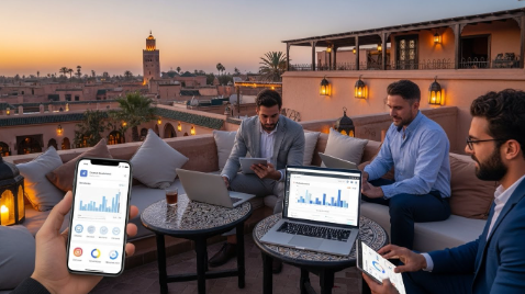 Équipe marketing travaillant sur le rooftop d’un riad à Marrakech, analysant des données digitales sur ordinateurs et smartphones avec vue sur la médina au coucher du soleil.