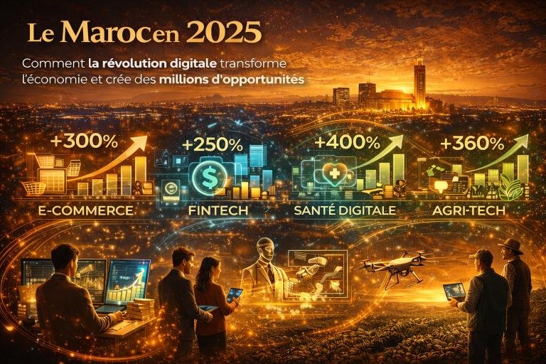 Illustration digitale montrant le Maroc en 2025 avec une skyline urbaine et des secteurs clés e-commerce, fintech, santé digitale et AgriTech reliés par des flux numériques, symbolisant la transformation digitale de l’économie marocaine et la création d’opportunités à grande échelle.