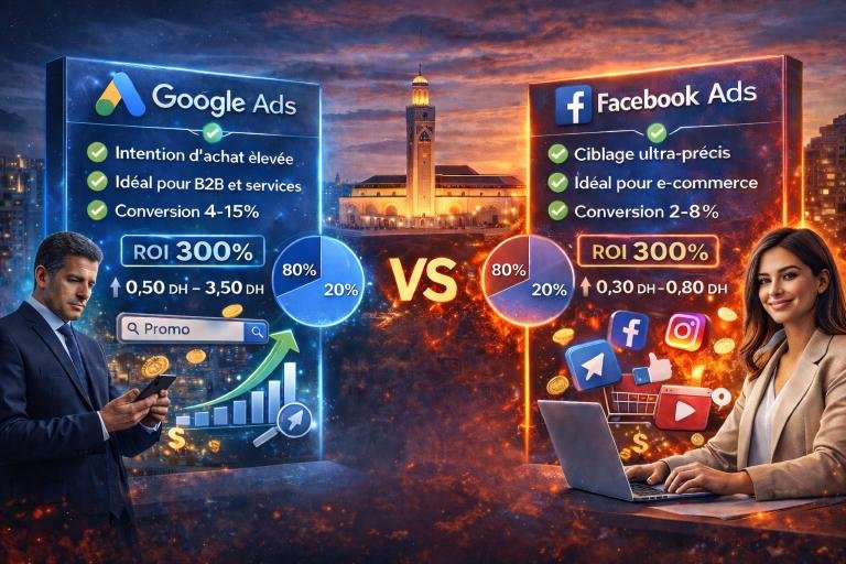 Comparaison visuelle entre Google Ads et Facebook Ads au Maroc, avec indicateurs de ciblage, coûts par clic et taux de conversion, sur fond urbain de Casablanca.