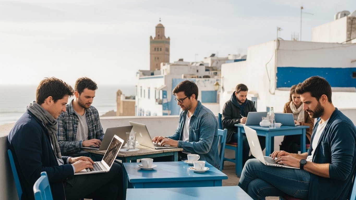 Étudiants et jeunes professionnels travaillant sur des ordinateurs portables dans un espace collaboratif à Essaouira, illustrant la transformation digitale de l’enseignement supérieur.