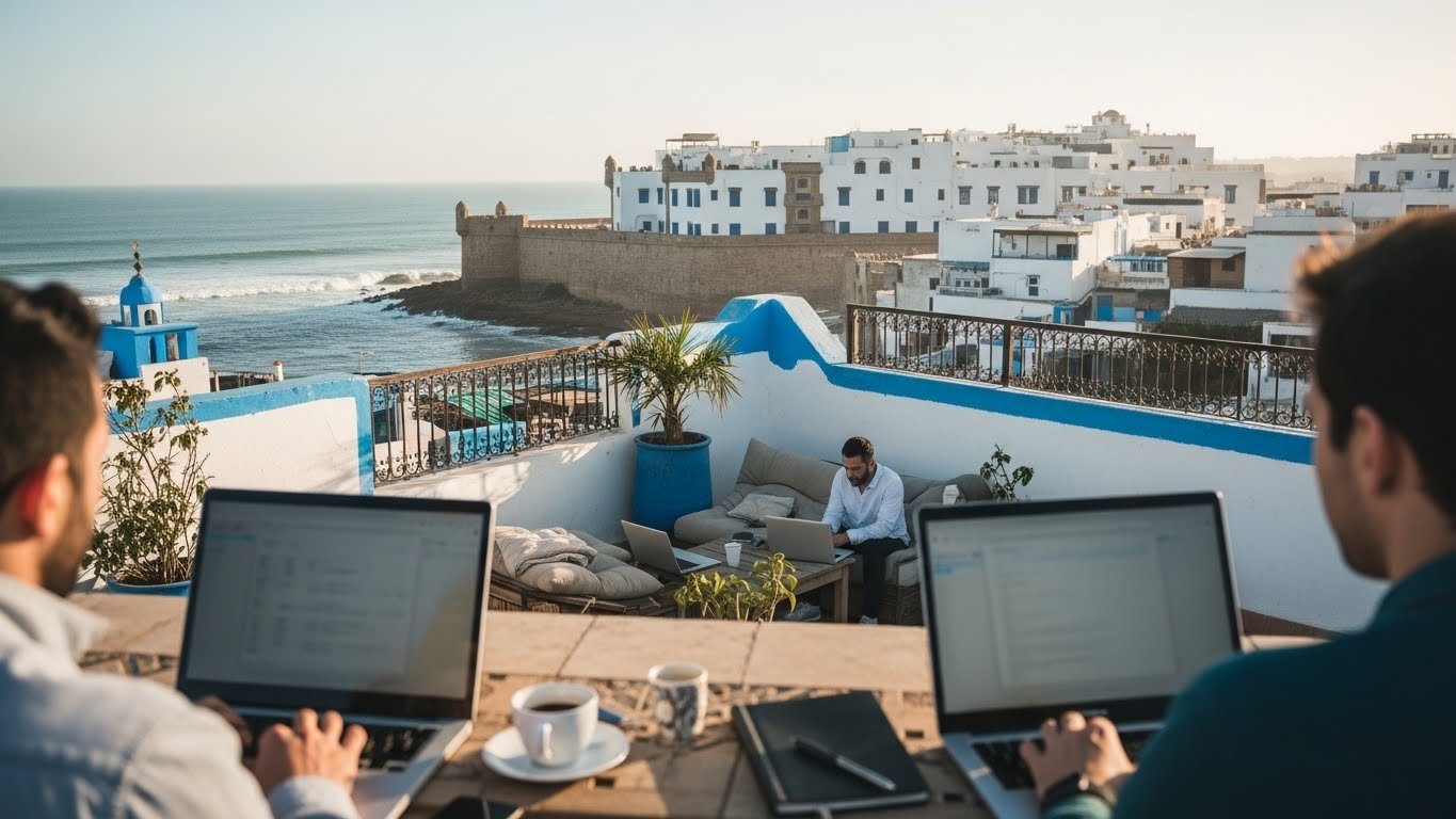 Nomades digitaux travaillant sur des ordinateurs portables depuis une terrasse surplombant l’océan à Essaouira, dans un cadre calme et authentique.