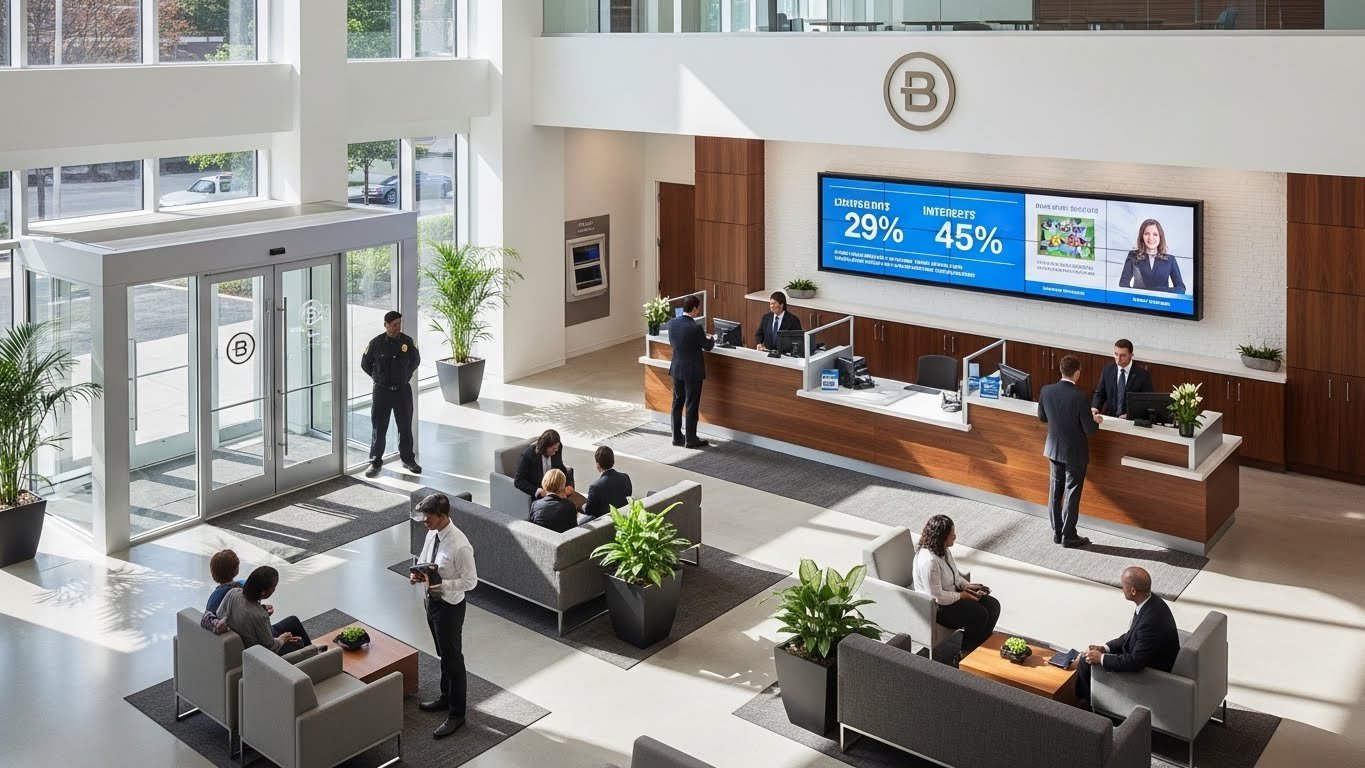 Hall d’accueil moderne d’une institution financière avec clients et conseillers en interaction, illustrant l’univers d’un Site Bancaire Maroc.