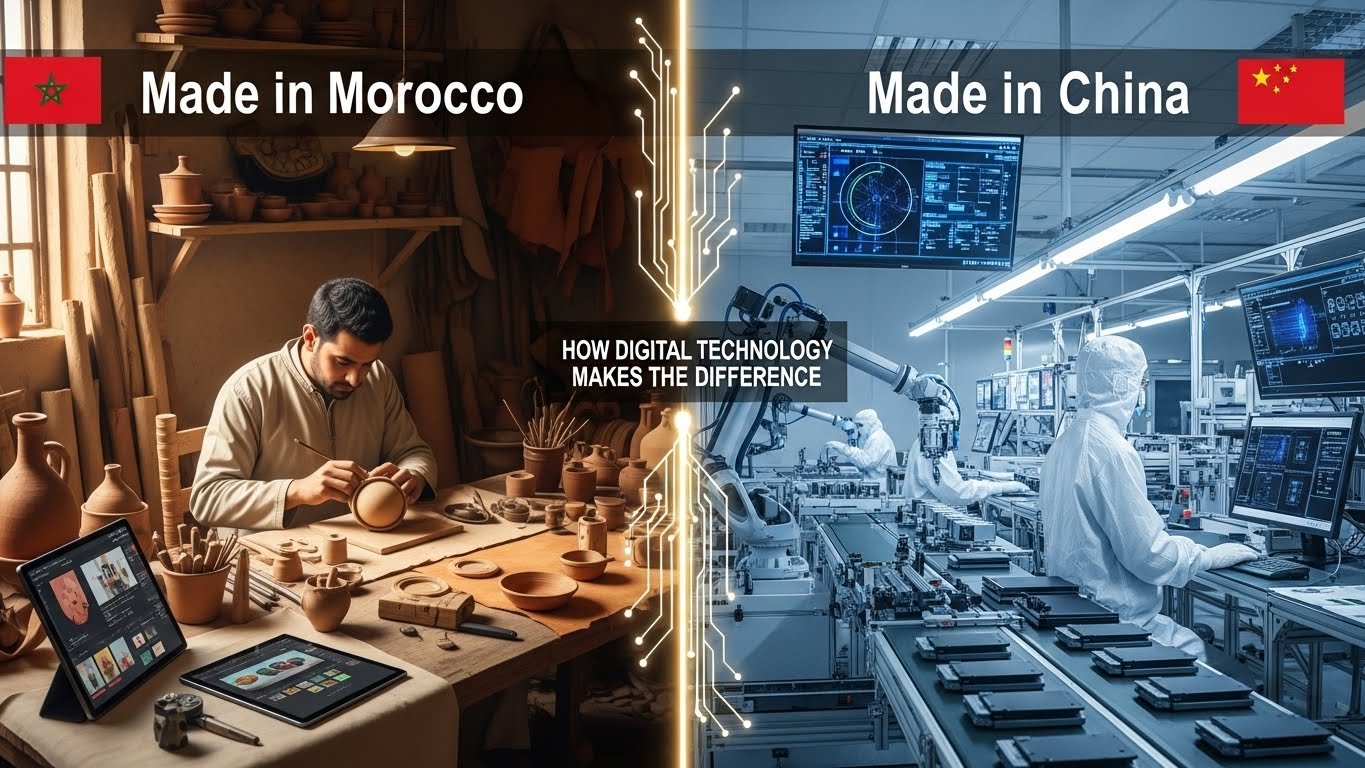 Image comparative entre un atelier artisanal marocain utilisant des outils digitaux et une usine automatisée en Chine, illustrant comment la transformation digitale renforce la compétitivité du Made in Morocco face au Made in China.