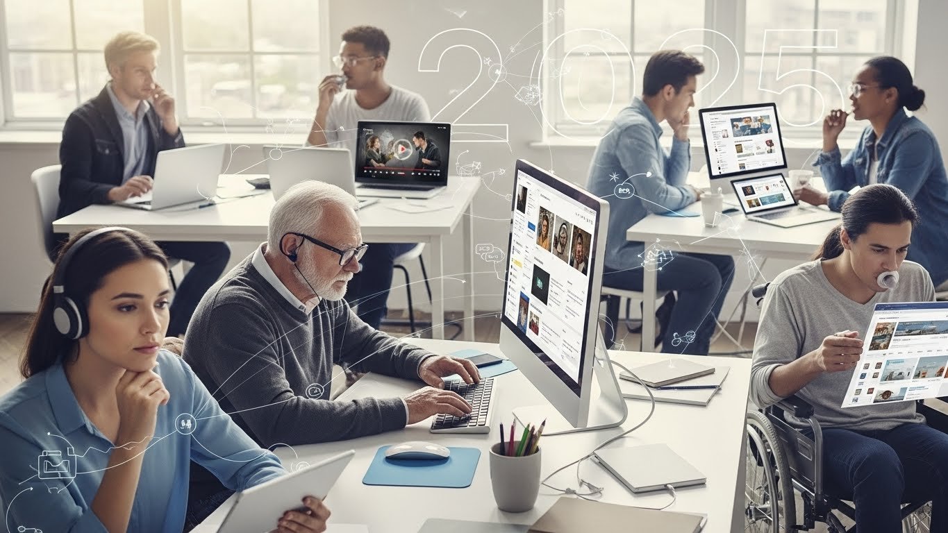 Bureau moderne illustrant l’accessibilité web en 2025, avec des utilisateurs divers, dont une personne en fauteuil roulant et un senior, utilisant des technologies inclusives.