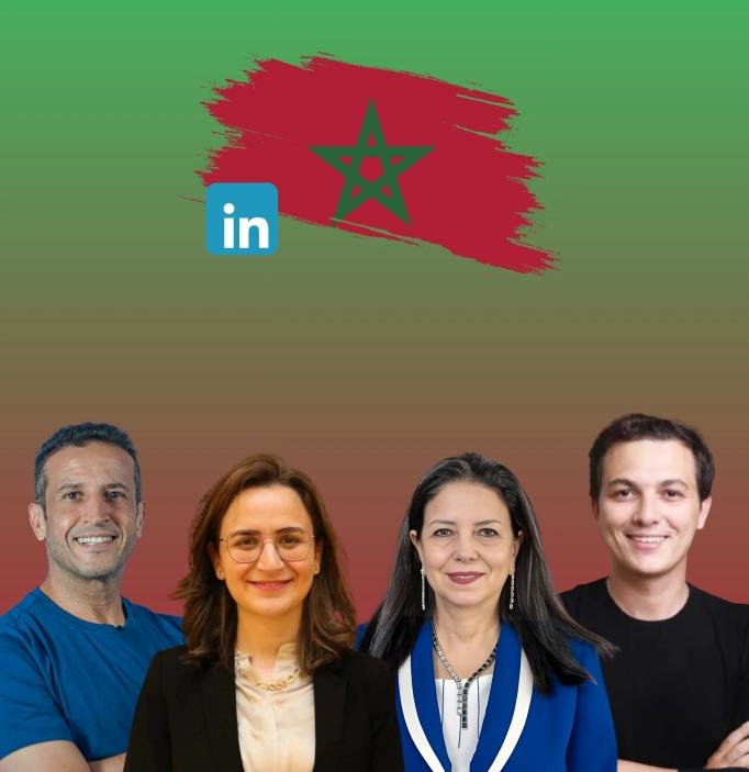 Visuel mettant en avant des entrepreneurs marocains et experts du marketing digital réunis sous le drapeau du Maroc, avec l’icône LinkedIn, illustrant la montée en puissance du business B2B et de l’entrepreneuriat digital au Maroc en 2026, entre leadership, réseaux professionnels et stratégie digitale.