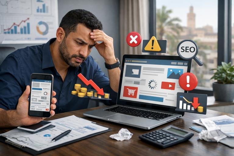 Entrepreneur marocain inquiet devant un site web mal optimisé sur ordinateur et mobile, illustrant les erreurs de design web, la perte de conversions, les problèmes SEO et les coûts élevés de la transformation digitale pour les PME marocaines.