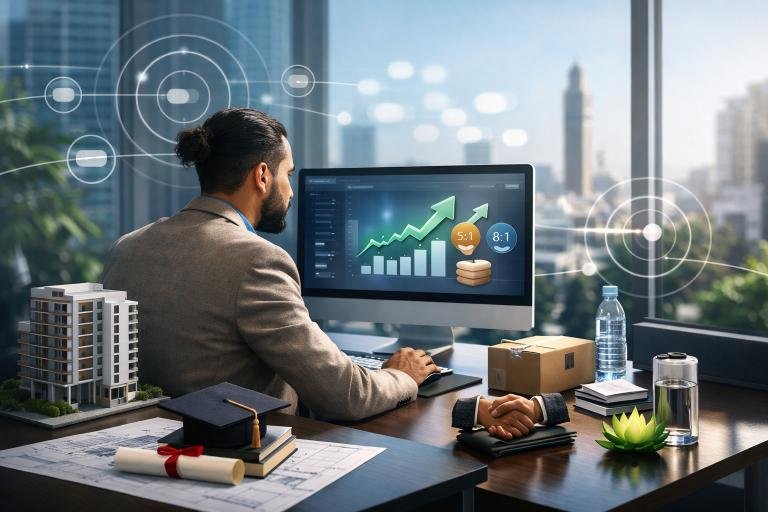 Professionnel du marketing digital au Maroc analysant une campagne Facebook Ads sur ordinateur, avec graphiques de performance en hausse, symboles de ciblage et secteurs clés (immobilier, formation, e-commerce local, services B2B, santé et bien-être) dans un bureau moderne à Casablanca.