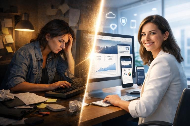 Transformation digitale en 2026 : entrepreneuse stressée travaillant sur un ordinateur dans un bureau sombre, contrastée avec une version moderne et confiante devant un site web professionnel performant, affiché sur écran desktop et mobile avec indicateurs de croissance digitale.