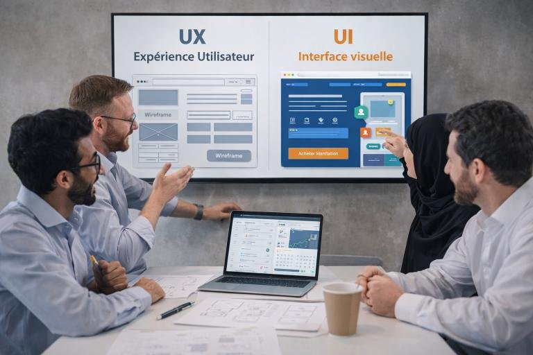 Équipe UX/UI en réunion analysant la différence entre UX design (wireframes et expérience utilisateur) et UI design (interface visuelle), illustrant l’impact du design sur la performance digitale et les conversions.