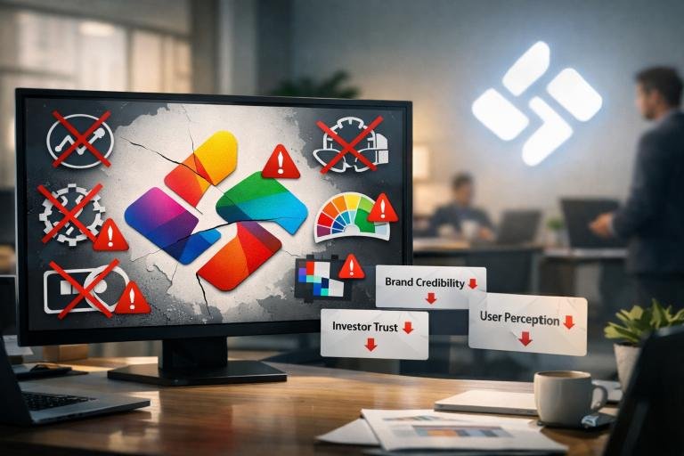 Illustration montrant les erreurs de conception de logo dans une startup marocaine à Casablanca, avec un logo surchargé et mal conçu à l’écran, des alertes de crédibilité, confiance des investisseurs et perception utilisateur en baisse, opposé à une identité visuelle professionnelle et minimaliste en arrière-plan.