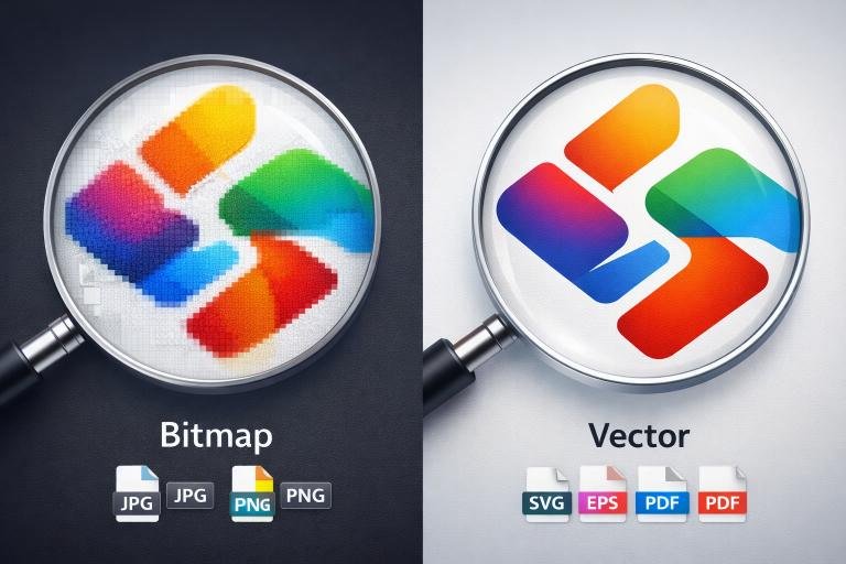 Comparaison visuelle entre un logo bitmap pixelisé et un logo vectoriel parfaitement net, illustrant la différence de qualité, de redimensionnement et de formats de fichiers (JPG, PNG pour bitmap, SVG, EPS, PDF pour vectoriel).