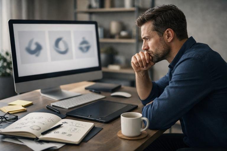 Entrepreneur réfléchissant devant plusieurs concepts de logo flous sur écran, avec croquis et carnet de notes sur un bureau moderne, illustrant le processus long de création d’une identité de marque professionnelle.
