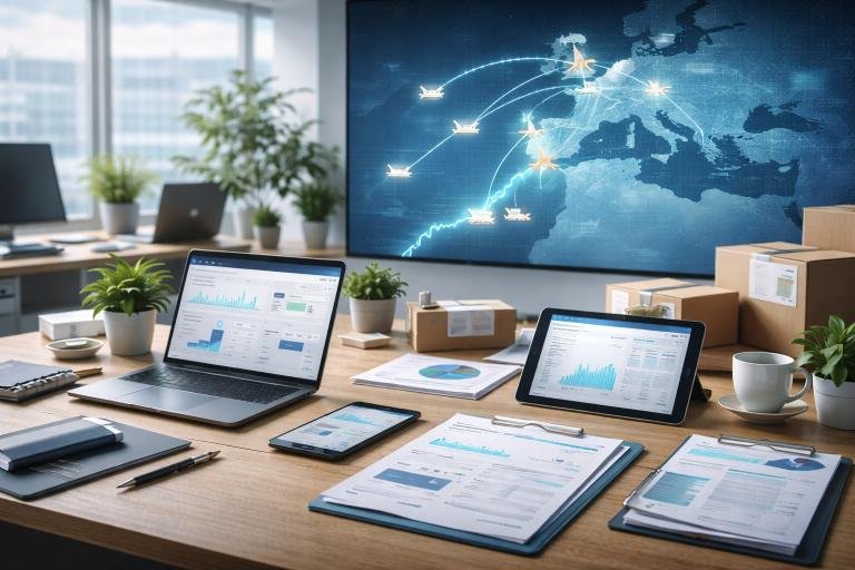 Bureau professionnel moderne à Agadir illustrant la digitalisation des exportations des PME marocaines vers l’Europe, avec ordinateurs, tablettes, documents d’export, colis logistiques et carte stylisée montrant les flux commerciaux Maroc–Europe dans un contexte de marketing digital B2B.