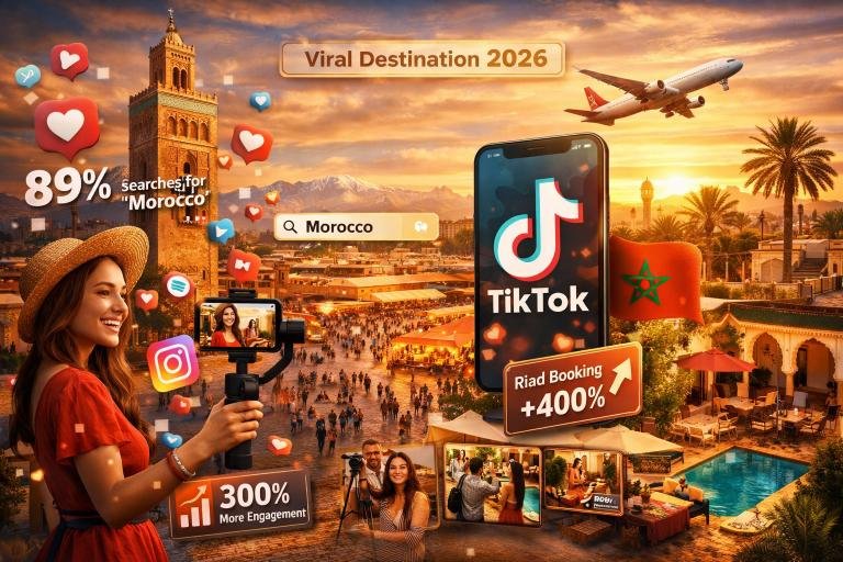 Illustration digitale montrant Marrakech transformée en destination virale grâce à TikTok en 2026 : influenceuse filmant la médina près de la Koutoubia, smartphone affichant TikTok, icônes d’engagement, Jemaa el-Fna animée, riad avec piscine, avion en arrière-plan et indicateurs de croissance du marketing digital touristique au Maroc.