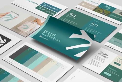 Exemple de brand book et charte graphique cohérents présentant des brand guidelines, une palette de couleurs, des règles d’usage, la typographie et des supports imprimés alignés pour une identité visuelle professionnelle.