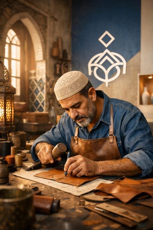 Artisan marocain travaillant le cuir dans un atelier traditionnel à Marrakech, illustrant la rencontre entre savoir-faire ancestral et design moderne de l’artisanat marocain.