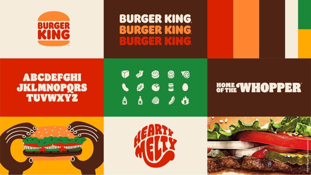 Composition visuelle de la charte graphique Burger King montrant le logo, la typographie arrondie, la palette de couleurs rétro (rouge, orange, vert, brun), des pictogrammes d’ingrédients, des illustrations de burger et le slogan « Home of the Whopper », illustrant une identité visuelle cohérente et reconnaissable.