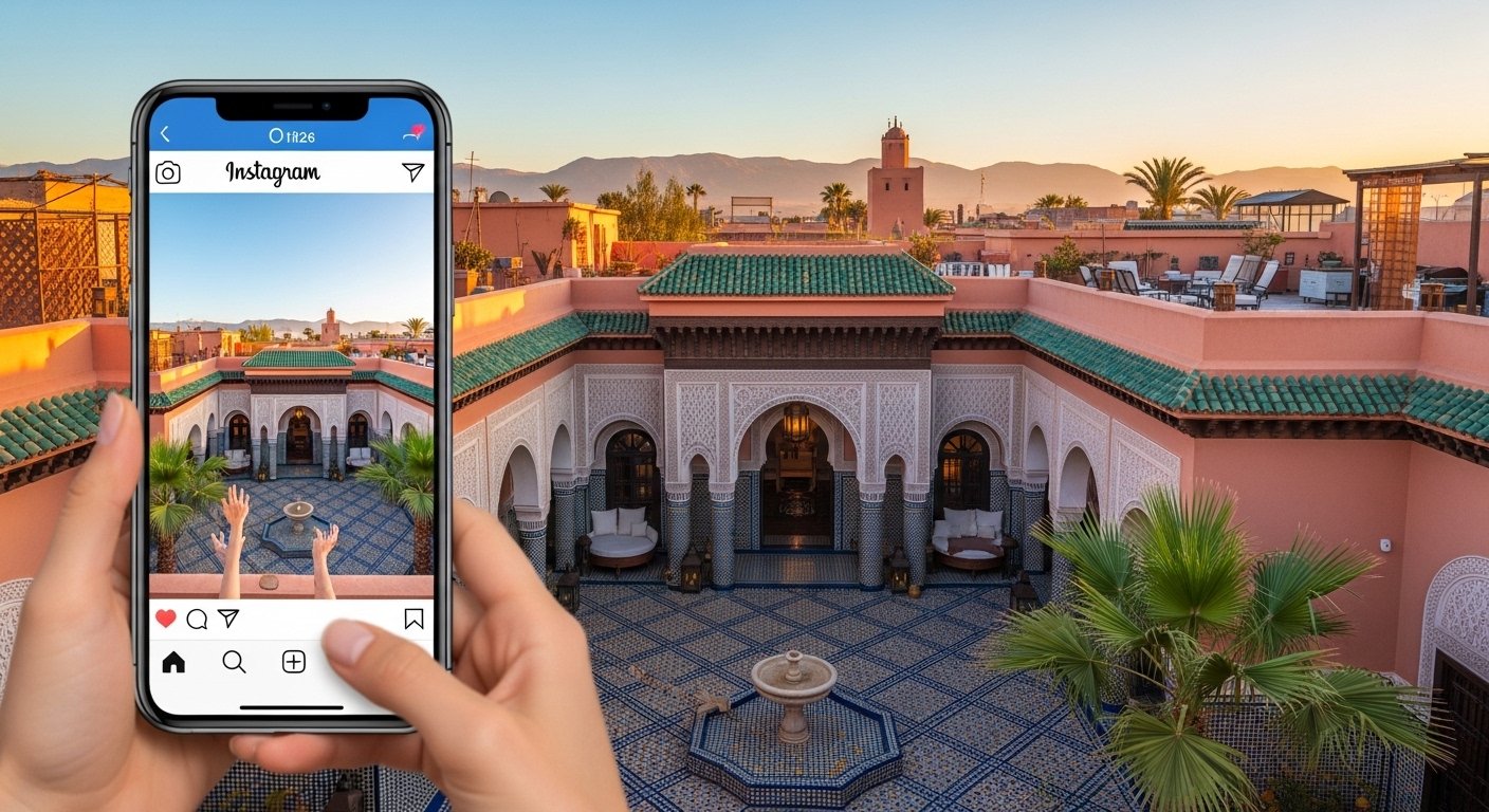 Main tenant un smartphone affichant Instagram avec la photo d’un riad traditionnel à Marrakech, patio central avec fontaine, zellige et terrasse vue sur la médina au coucher du soleil, illustrant l’impact d’Instagram sur les réservations hôtelières au Maroc.