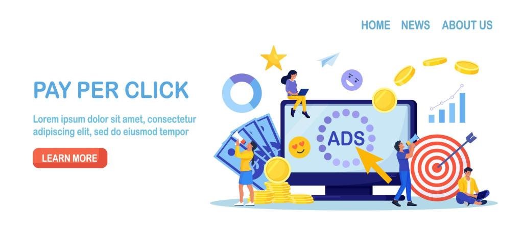 Illustration vectorielle sur le thème du Pay Per Click (PPC) montrant un écran avec le mot “ADS”, une flèche de clic, des pièces d’or, une cible marketing et des graphiques de performance, symbolisant la publicité en ligne et les campagnes publicitaires digitales.
