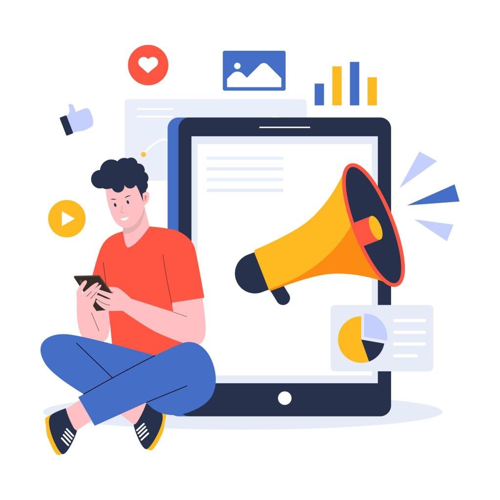 Illustration claire et pédagogique d’un community manager en 2026, assis avec un smartphone devant un écran affichant un mégaphone et des indicateurs de performance, symbolisant les erreurs courantes en gestion des réseaux sociaux, l’engagement, la diffusion de contenu et l’analyse des résultats.